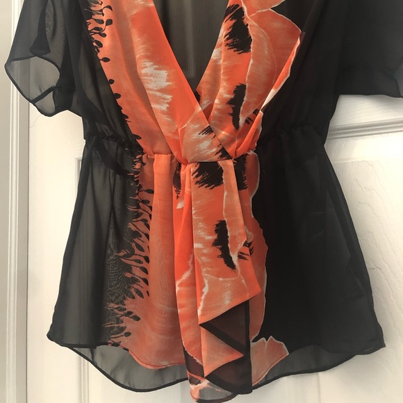 Macy’s medium black and orange sheer faux wrap blouse - Picture 3 of 4